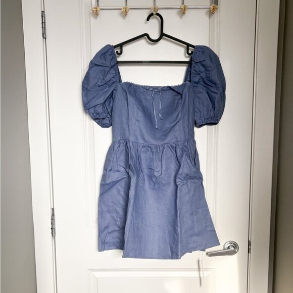 NEW NWT Reformation Malvina Linen Puff Sleeve Viola Mini Dress Blue Size 10 - Picture 5 of 9